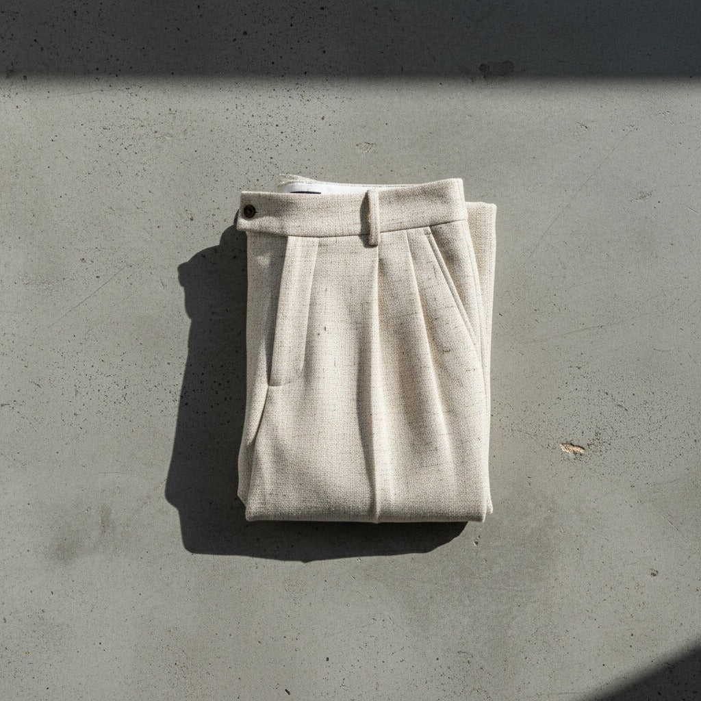 Mens High Waisted Pleated Trousers - Oatmeal - Lifestyle Inspiration