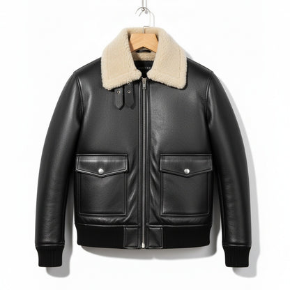 Aviator Jacket Black Leather - Black - Front View