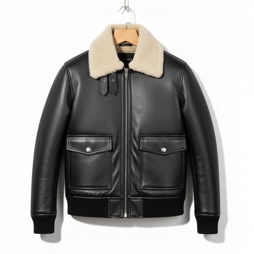 Aviator Jacket Black Leather - Black - Front View