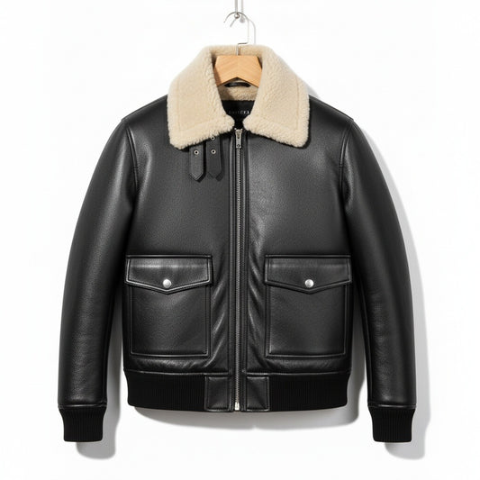 Aviator Jacket Black Leather - Black - Front View