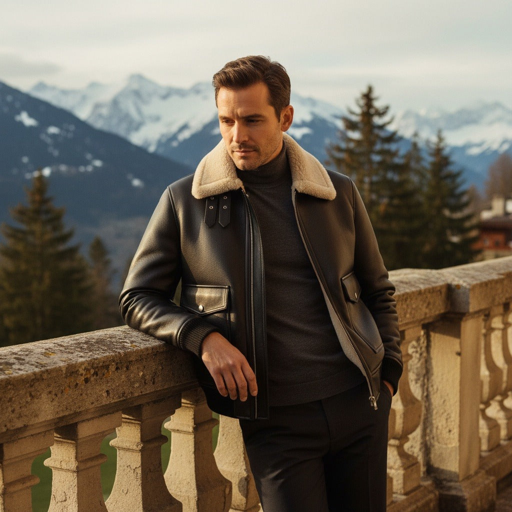 Aviator Jacket Black Leather - Black - Angled Shot