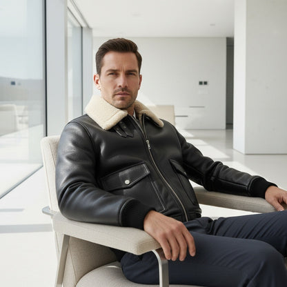 Aviator Jacket Black Leather - Black - Side Profile