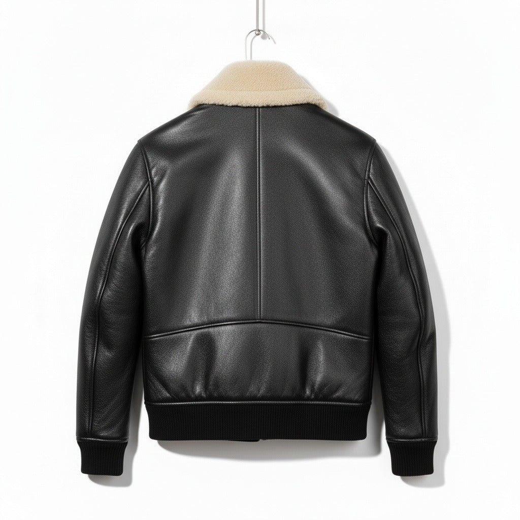 Aviator Jacket Black Leather - Black - Fabric Detail