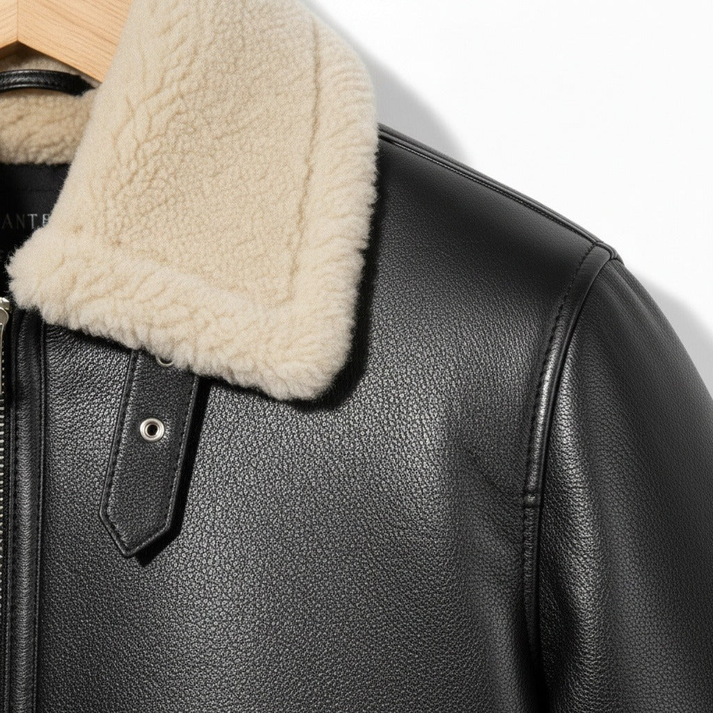 Aviator Jacket Black Leather - Black - Texture Close Up