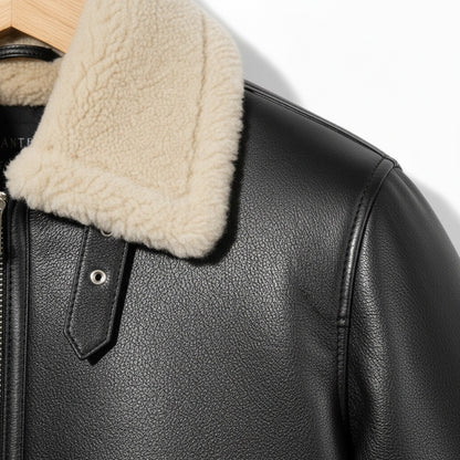 Aviator Jacket Black Leather - Black - Texture Close Up