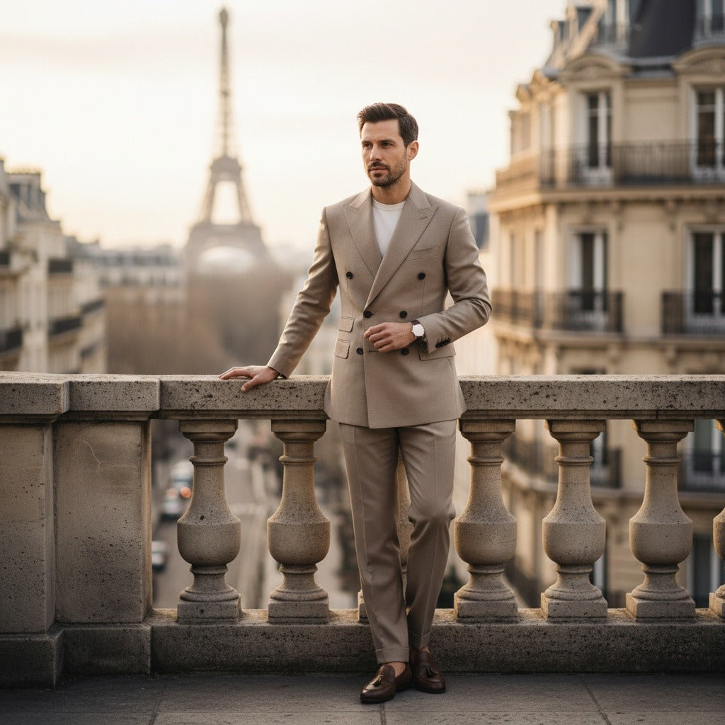 Beige Double Breasted Suit - Beige - Angled Shot