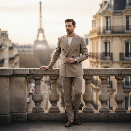 Beige Double Breasted Suit - Beige - Angled Shot