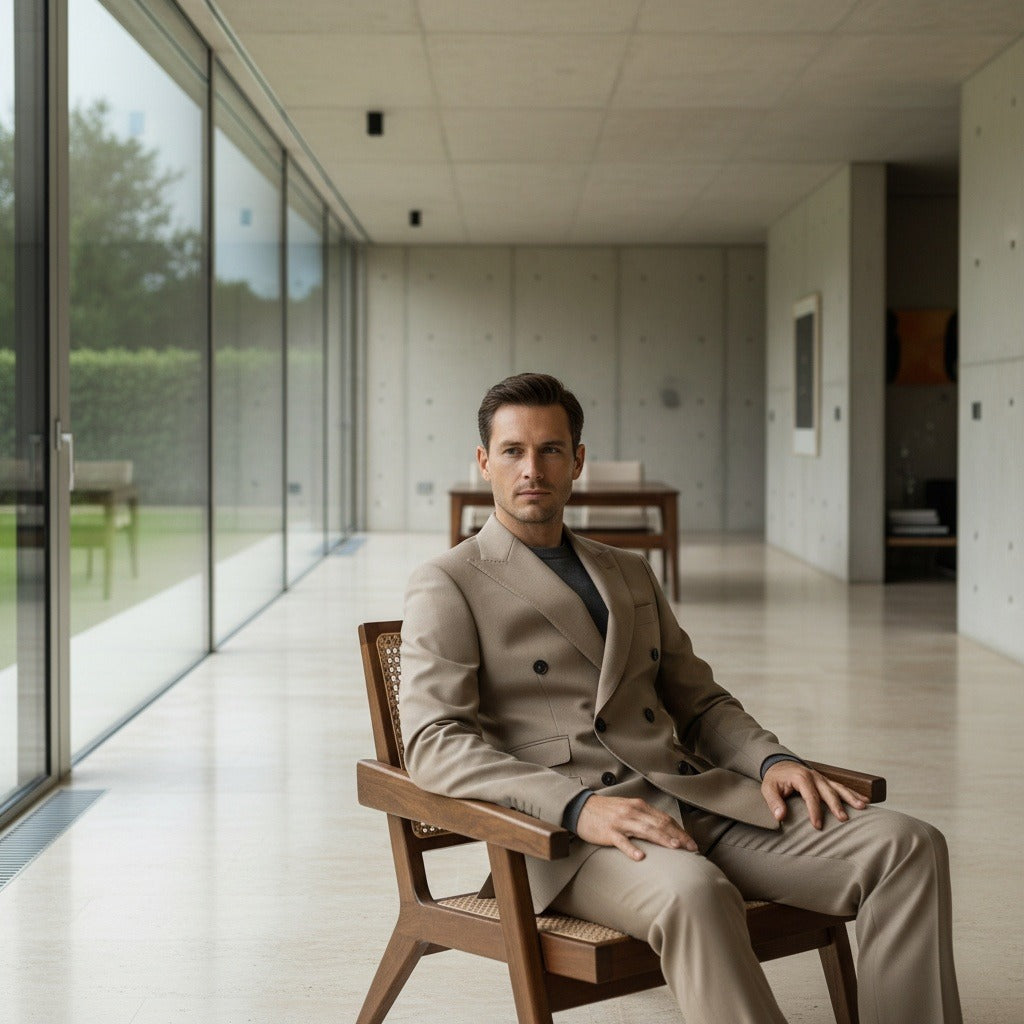 Beige Double Breasted Suit - Beige - Side Profile