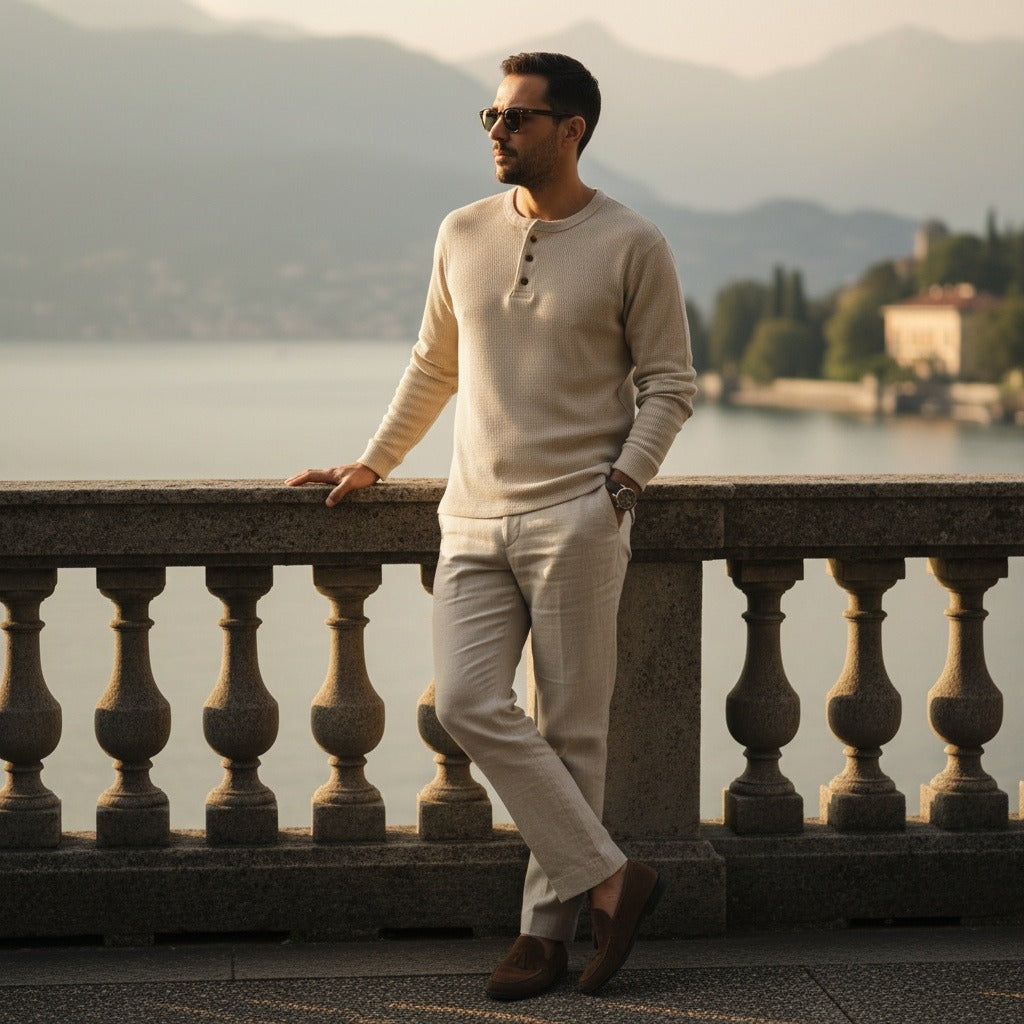 Beige Henley T Shirt - Beige - Angled Shot