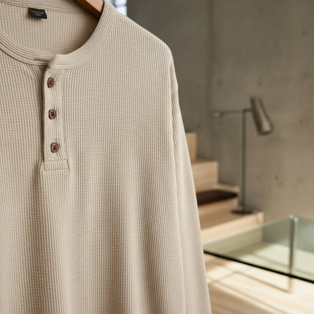 Beige Henley T Shirt - Beige - Back View
