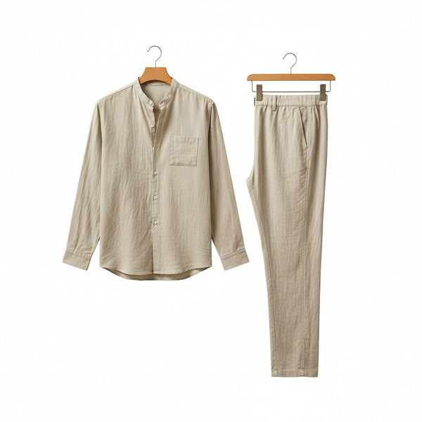Beige Linen Set Men - Beige - Front View