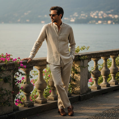 Beige Linen Set Men - Beige - Angled Shot