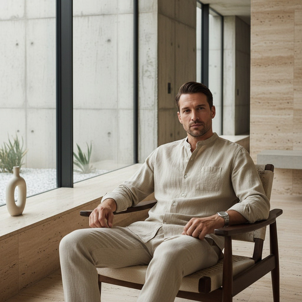 Beige Linen Set Men - Beige - Side Profile