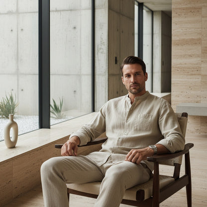 Beige Linen Set Men - Beige - Side Profile
