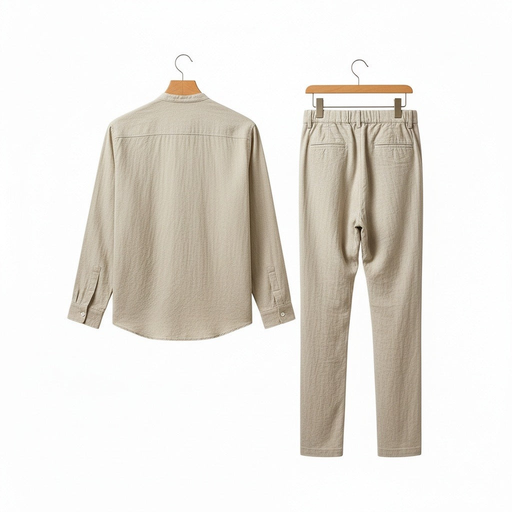 Beige Linen Set Men - Beige - Fabric Detail