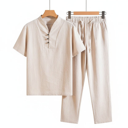 Beige Linen Summer Set Men - Beige - Front View