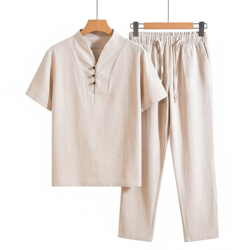 Beige Linen Summer Set Men - Beige - Front View