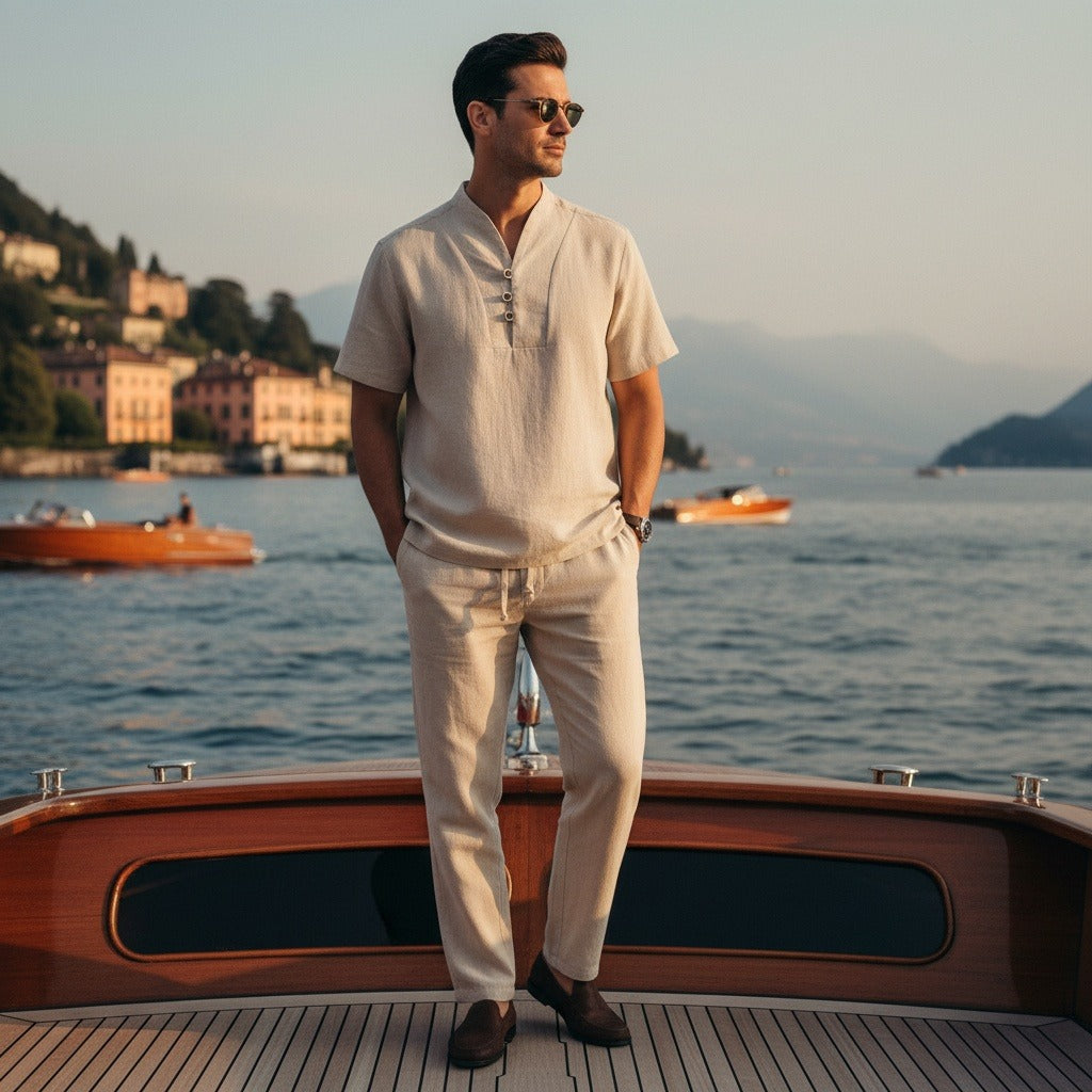 Beige Linen Summer Set Men - Beige - Angled Shot