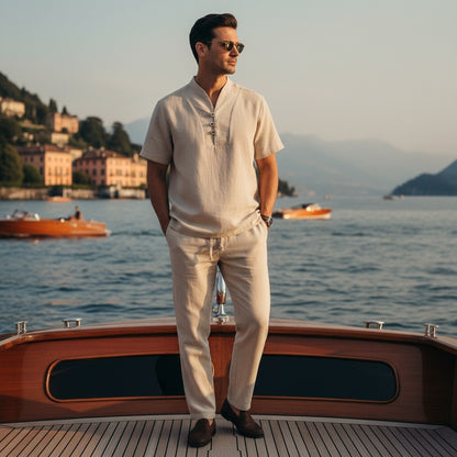 Beige Linen Summer Set Men - Beige - Angled Shot