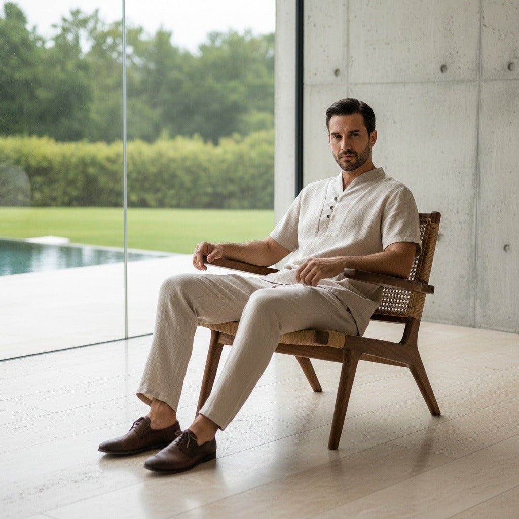 Beige Linen Summer Set Men - Beige - Side Profile