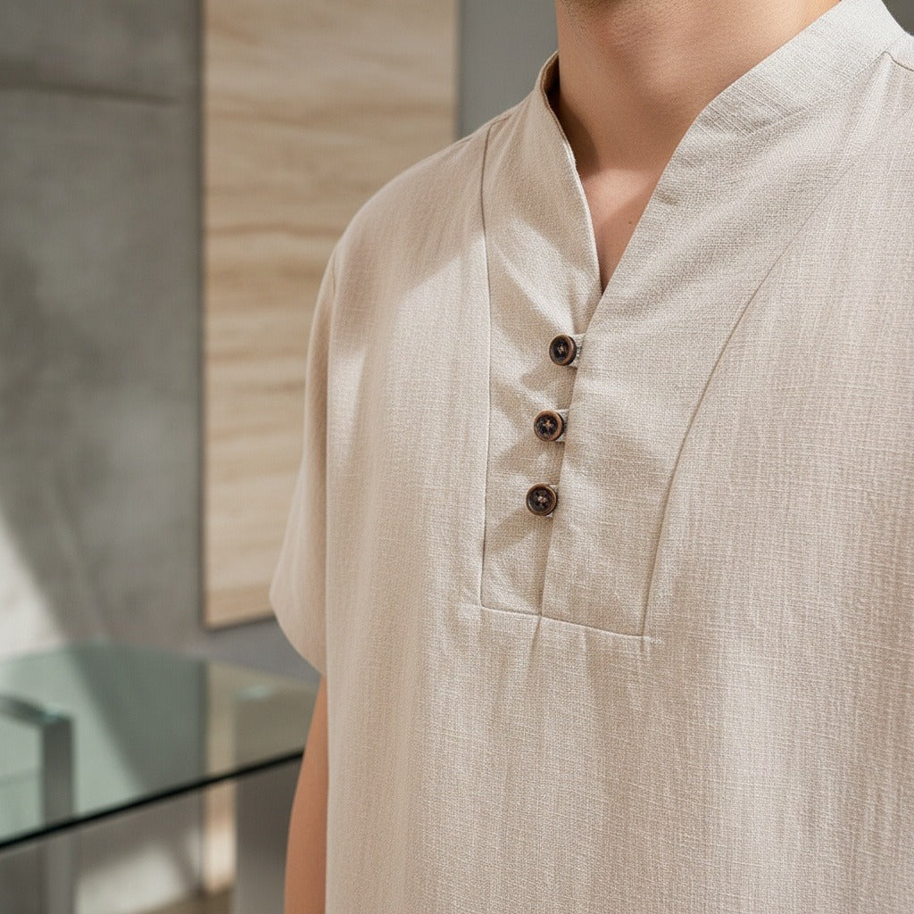 Beige Linen Summer Set Men - Beige - Back View