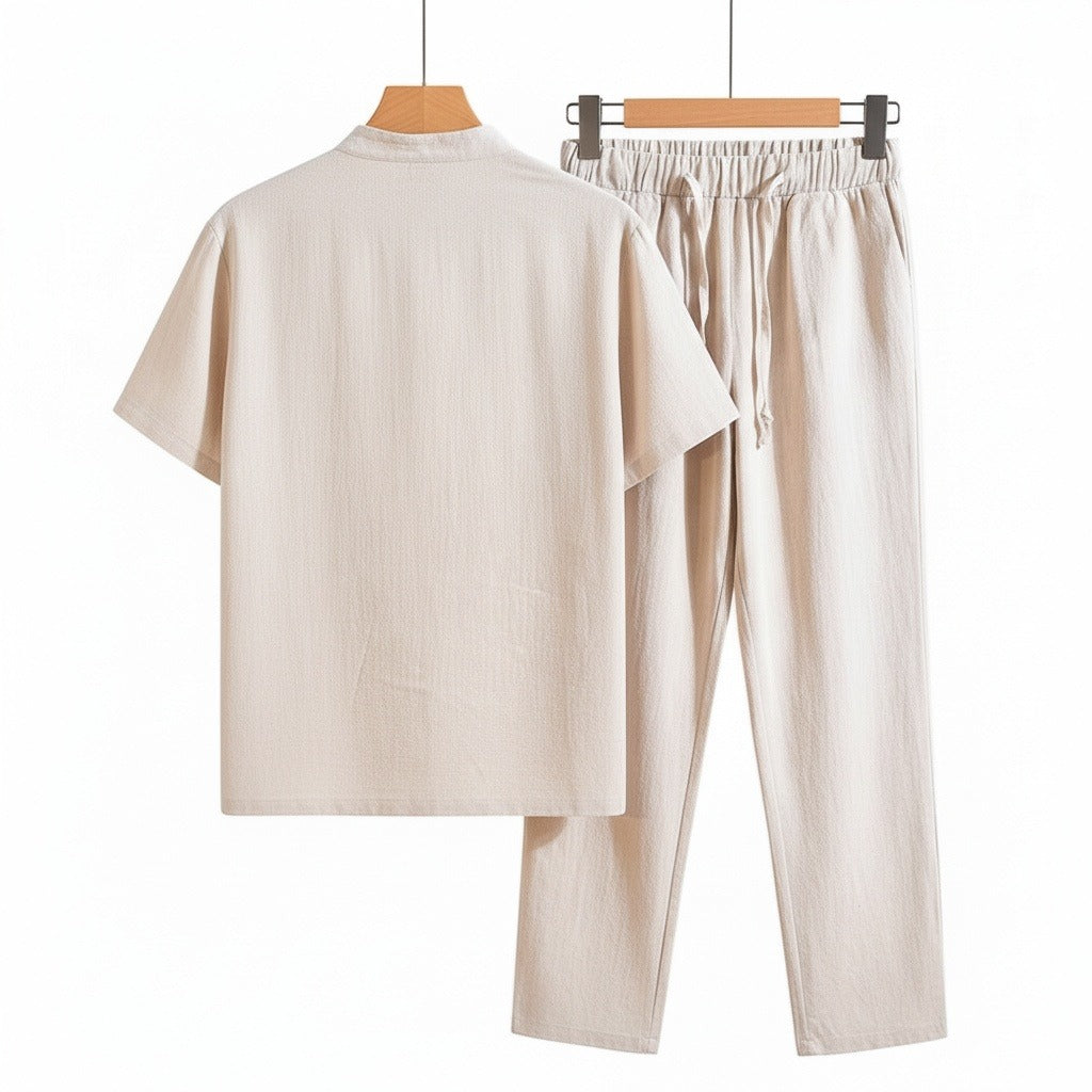 Beige Linen Summer Set Men - Beige - Fabric Detail