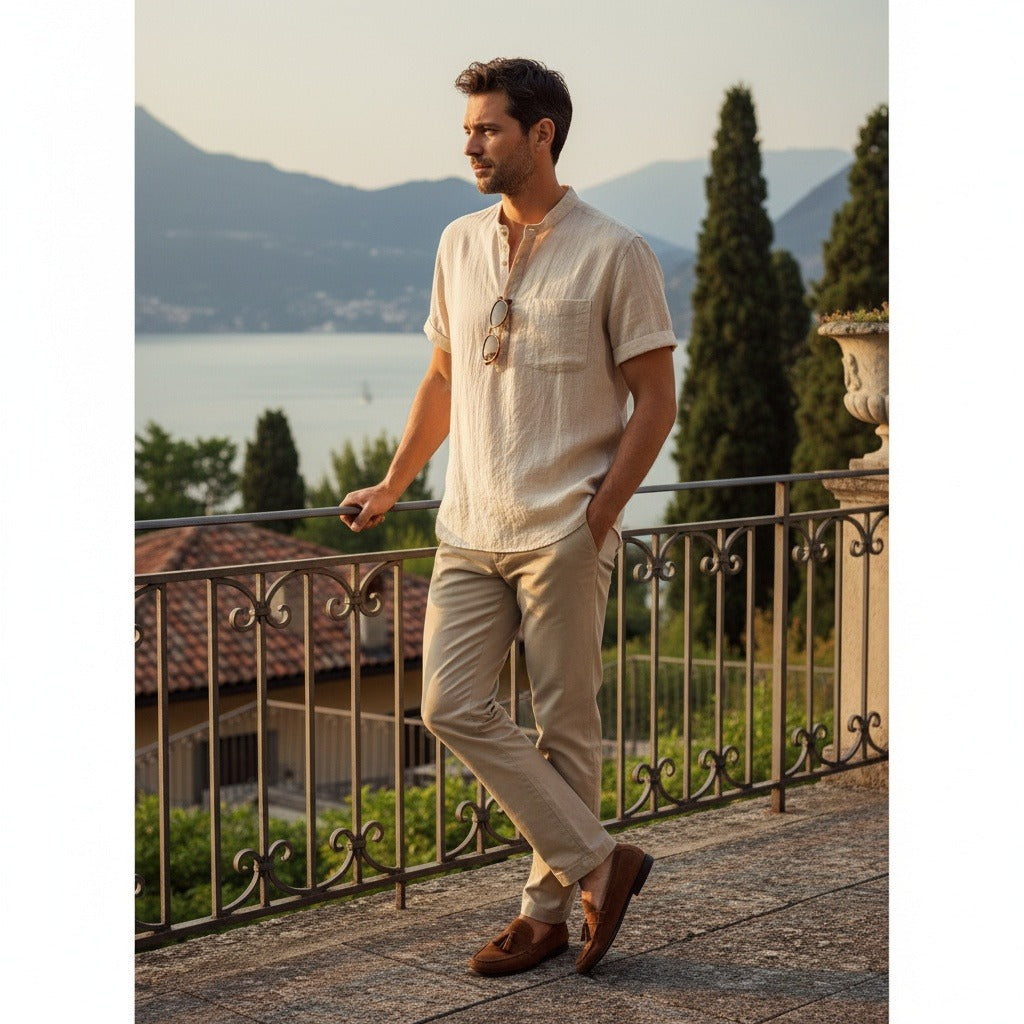 Beige Linen T Shirt - Beige - Angled Shot