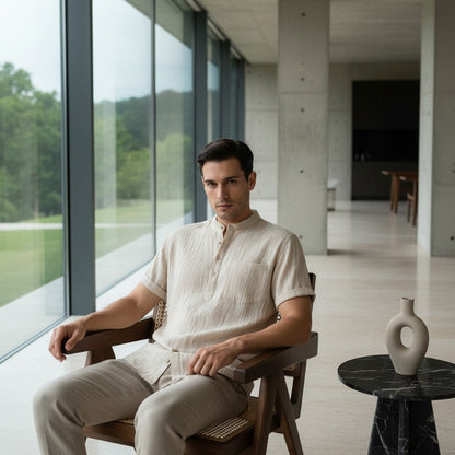 Beige Linen T Shirt - Beige - Side Profile