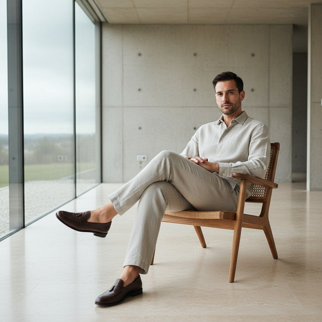 Beige Linen Trousers Mens - Beige - Side Profile