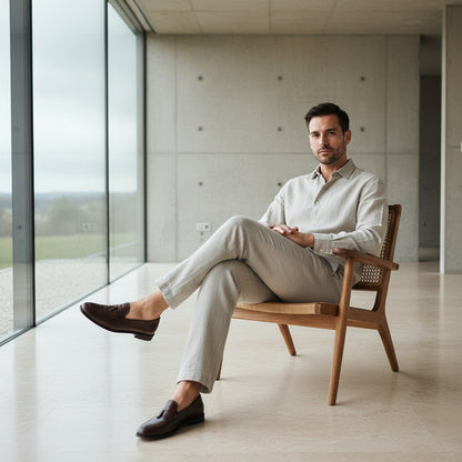 Beige Linen Trousers Mens - Beige - Side Profile