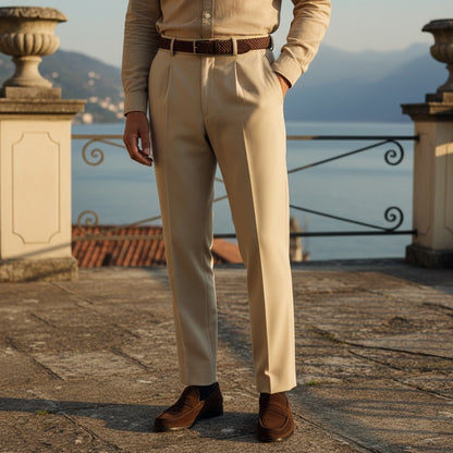 Beige Pleated Trousers Mens - Beige - Angled Shot