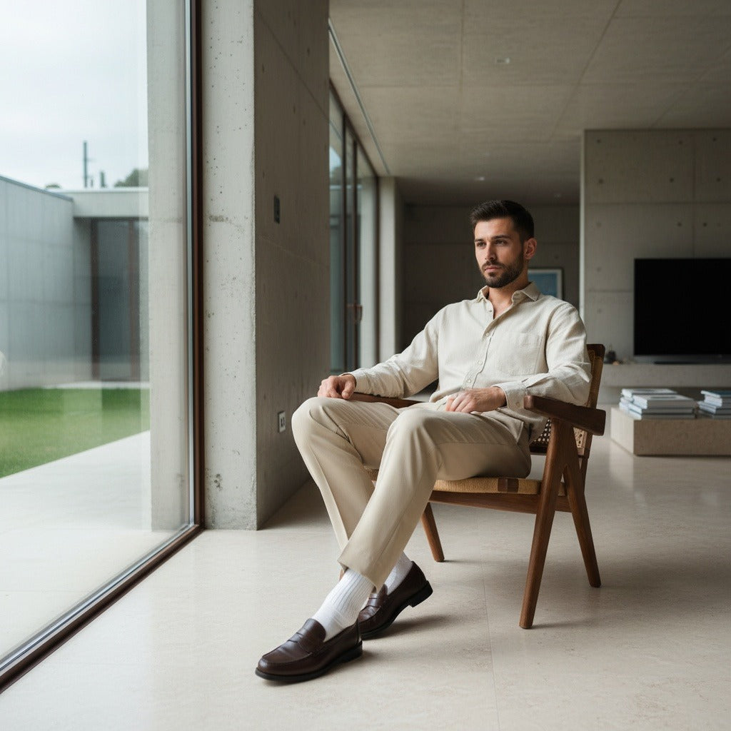 Beige Pleated Trousers Mens - Beige - Side Profile