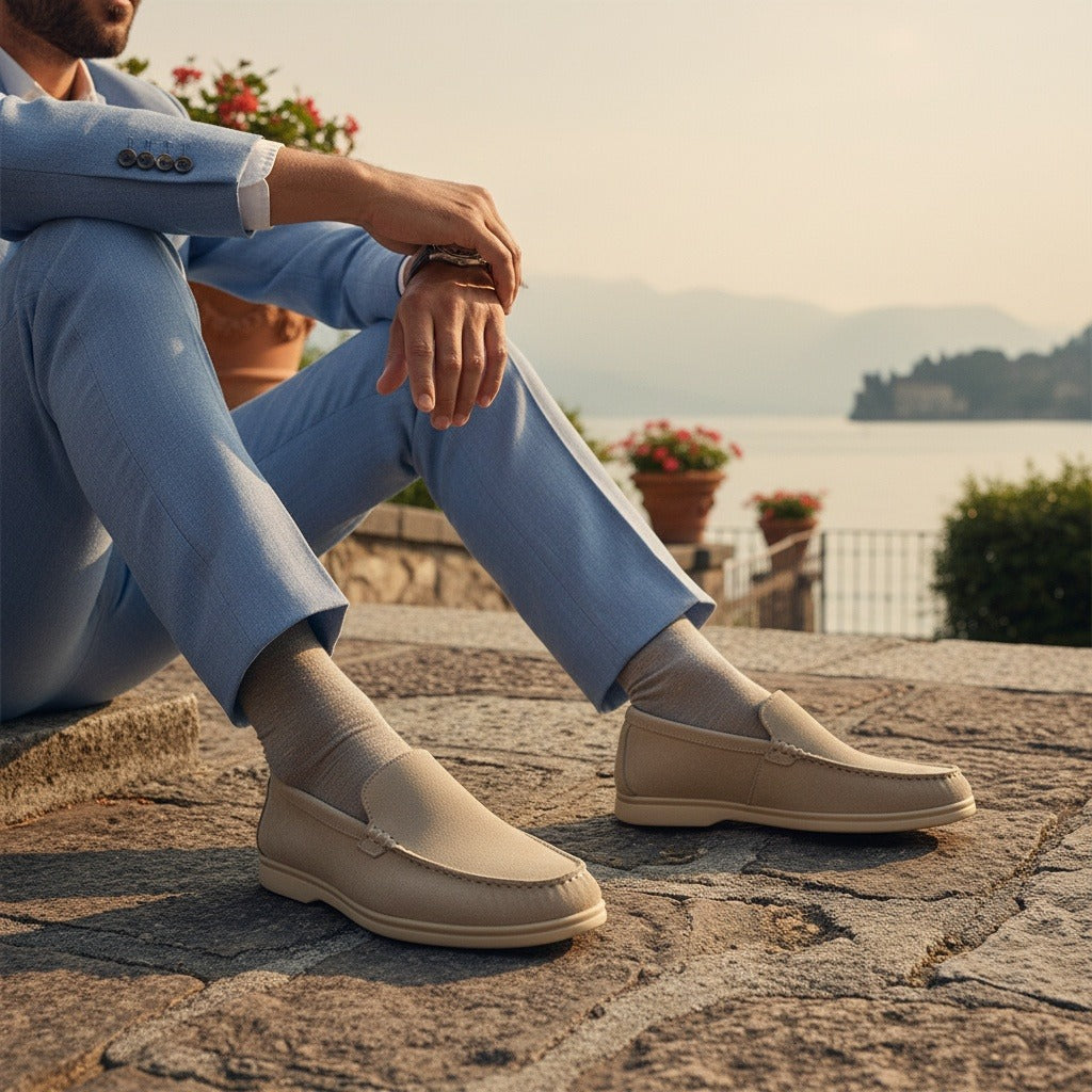 Beige Suede Loafers Mens - Beige - Angled Shot
