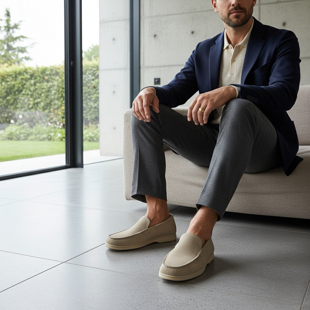 Beige Suede Loafers Mens - Beige - Side Profile