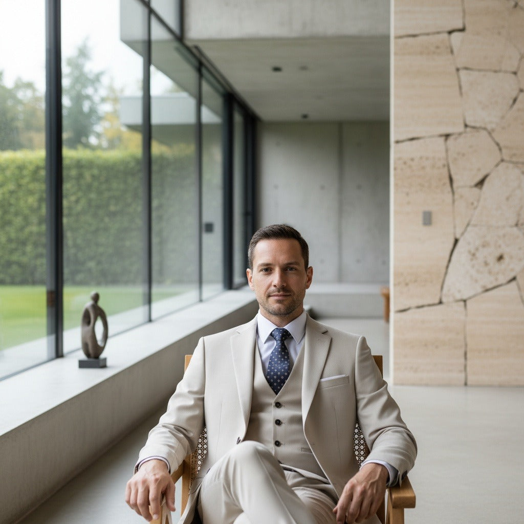 Beige Three Piece Suit - Beige - Side Profile