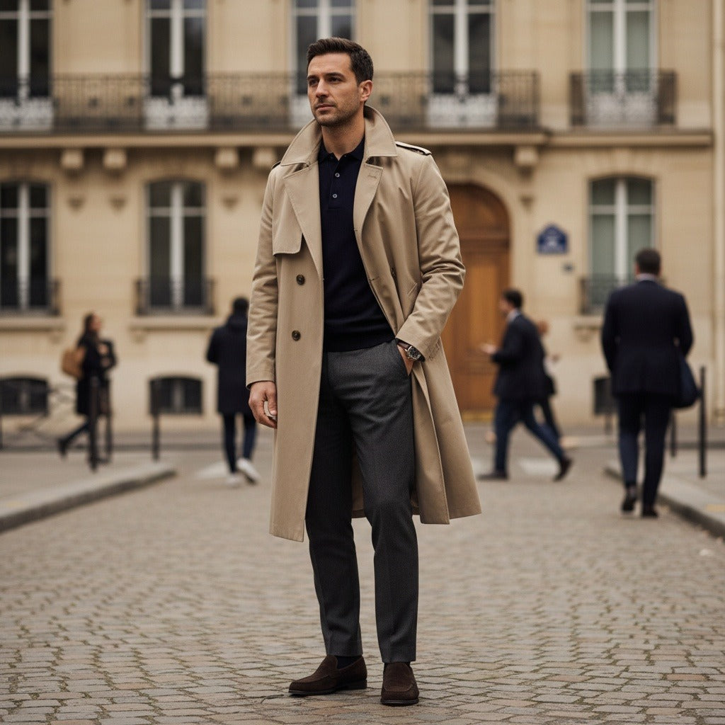 Beige Trench Coat Mens - Beige - Angled Shot