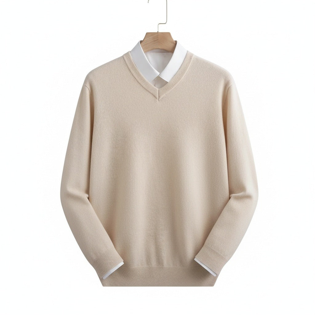 Beige V Neck Sweater Mens - Beige - Front View