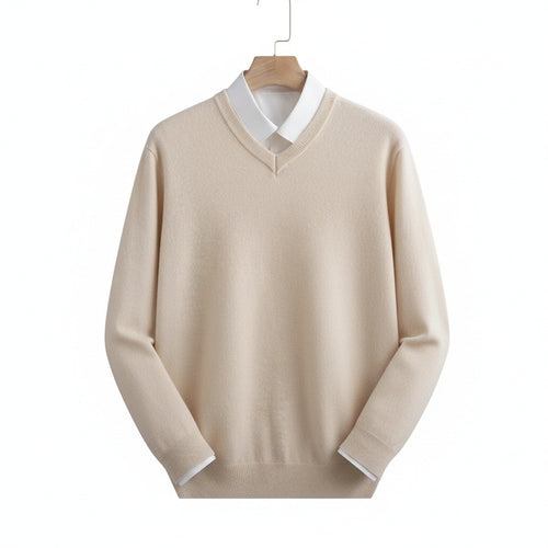 Beige V Neck Sweater Mens - Beige - Front View