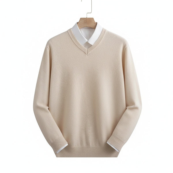 Beige V Neck Sweater Mens - Beige - Front View
