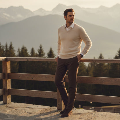 Beige V Neck Sweater Mens - Beige - Angled Shot
