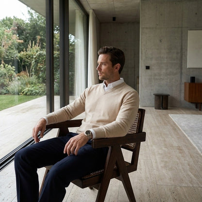 Beige V Neck Sweater Mens - Beige - Side Profile
