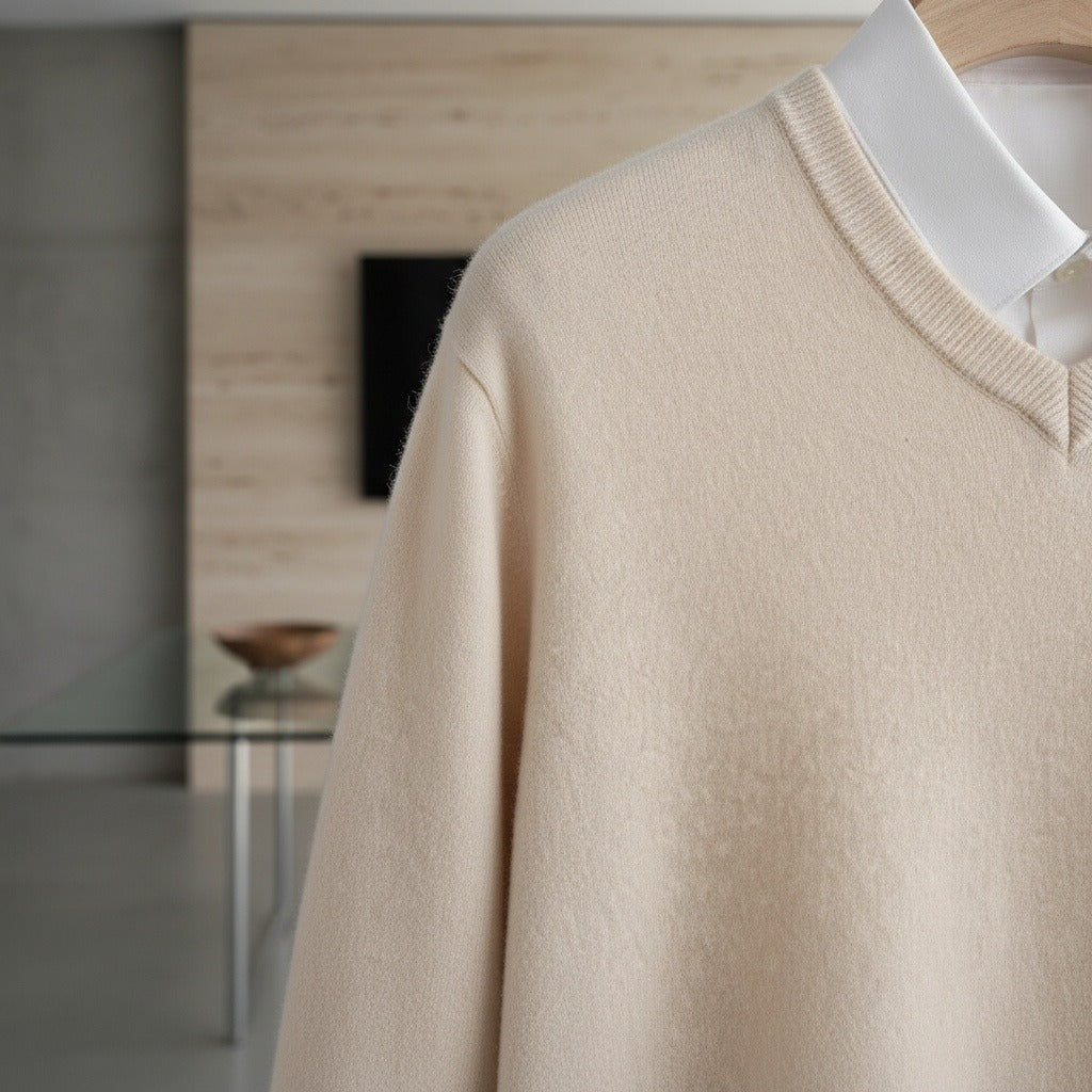 Beige V Neck Sweater Mens - Beige - Back View