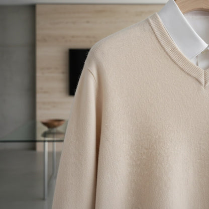 Beige V Neck Sweater Mens - Beige - Back View