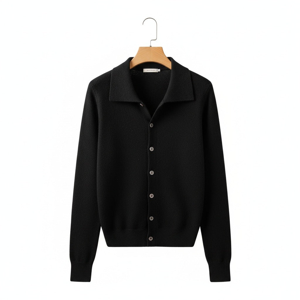 Black Cashmere Cardigan Sweater - Black - Front View