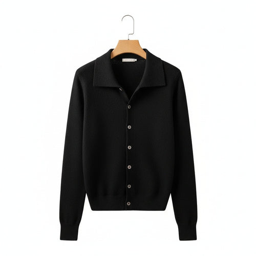 Black Cashmere Cardigan Sweater - Black - Front View