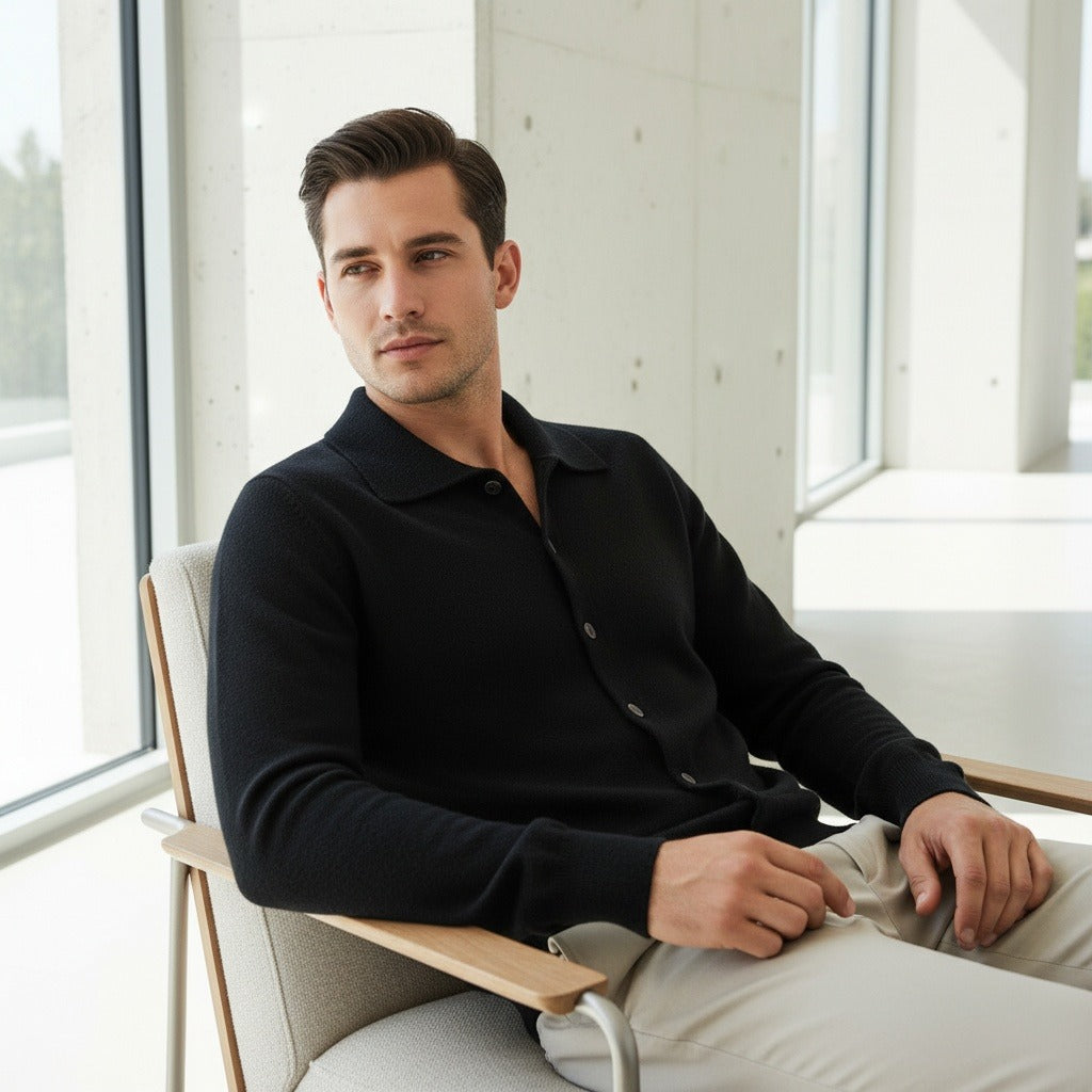 Black Cashmere Cardigan Sweater - Black - Side Profile