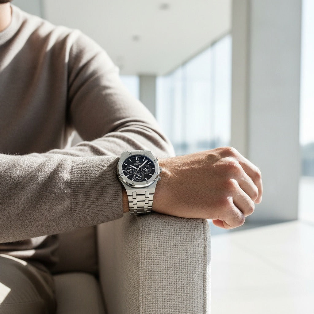 Black Chronograph Watch - Black - Side Profile