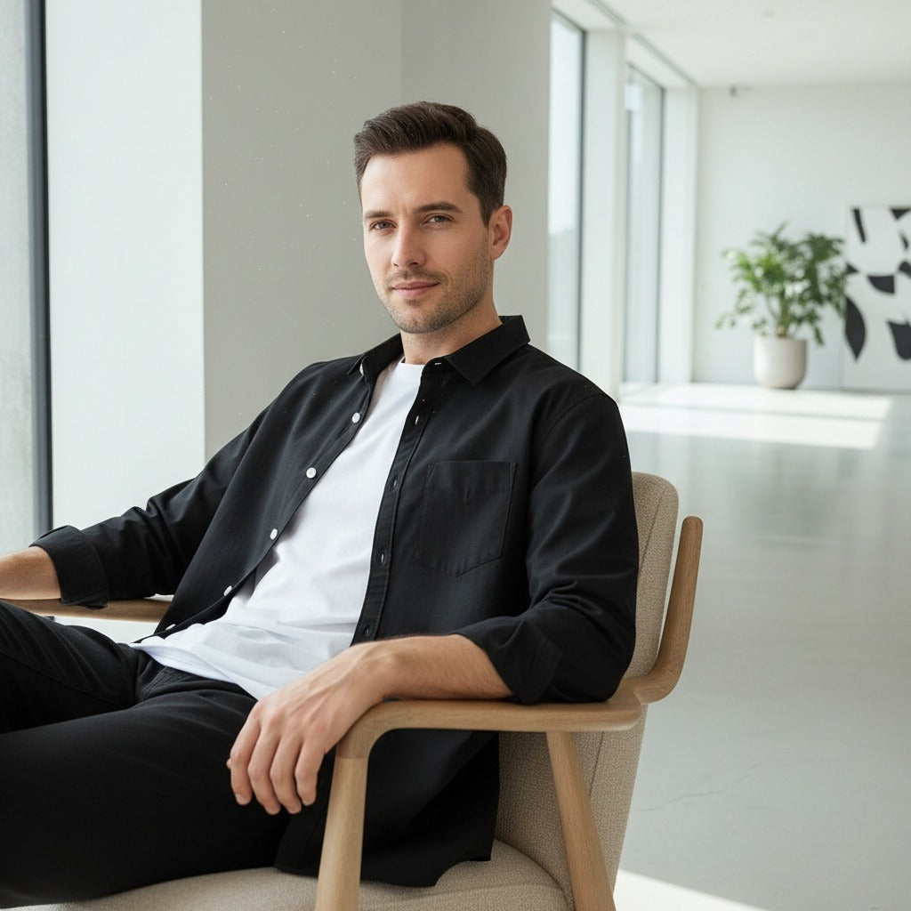 Black Cotton Shirt - Black - Side Profile