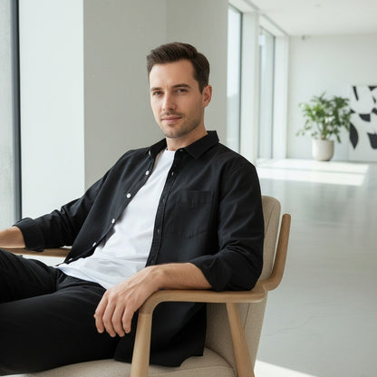 Black Cotton Shirt - Black - Side Profile
