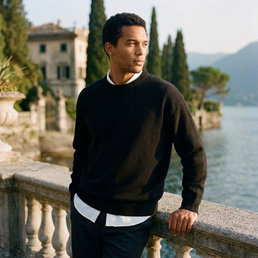 Black Crew Neck Sweater - Black - Angled Shot